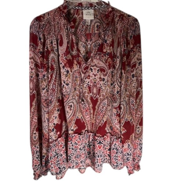 Knox Rose Burgundy Multicolor Floral Popover Top- Size S - Picture 10 of 14